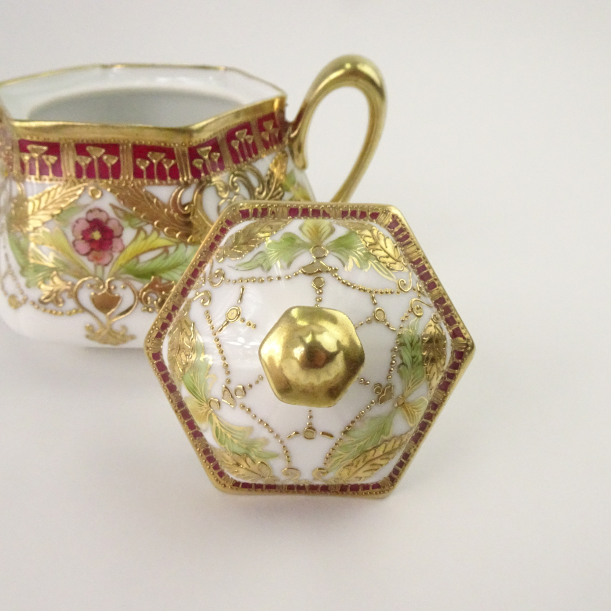 オールドノリタケ 金彩 花柄 六角形 ティーポット カップ＆ソーサーセット マルキ印
