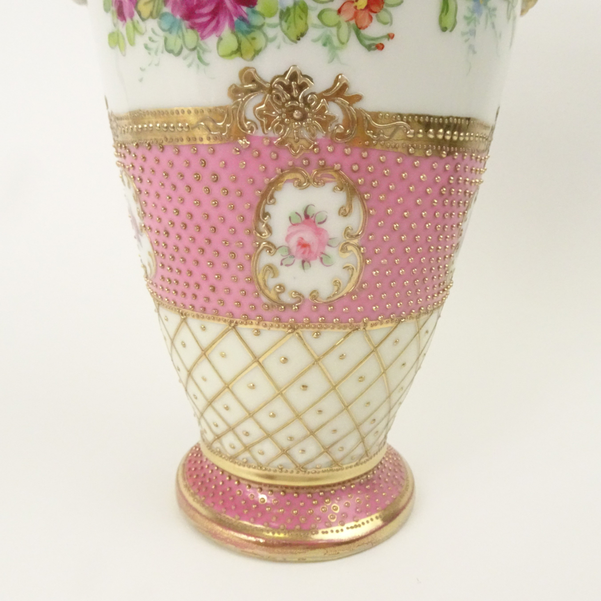 オールドノリタケ ピンク 花図 金彩 金点盛り 壺 花瓶