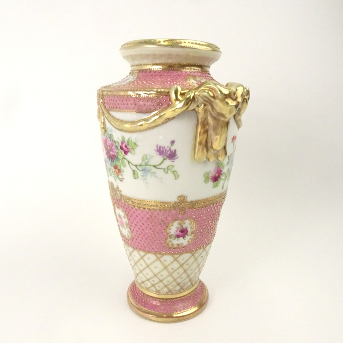 オールドノリタケ ピンク 花図 金彩 金点盛り 壺 花瓶