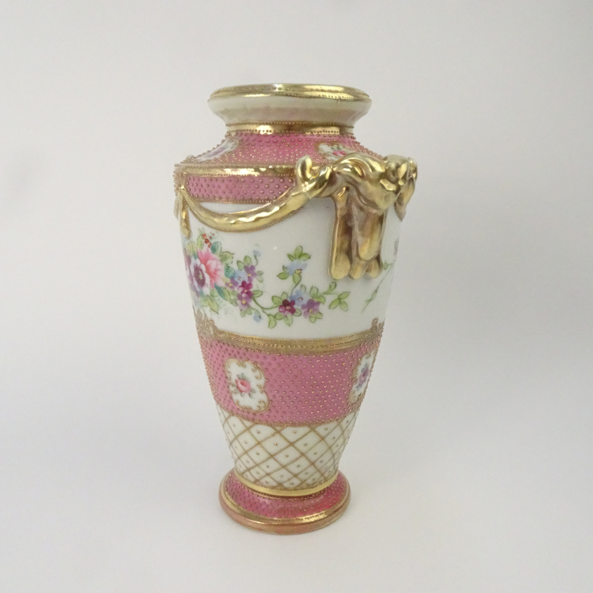 オールドノリタケ ピンク 花図 金彩 金点盛り 壺 花瓶